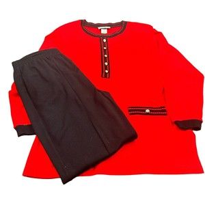 Vtg Eccobay Pant Suit  L Womens 2 PC Sweater Red & Black Long Sleeve But…